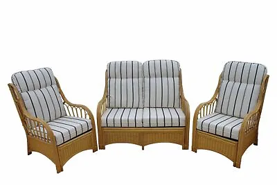 Sorrento Cane Conservatory Furniture 3 Piece Suite-2 Chairs+Sofa-Striped Cushion • £989