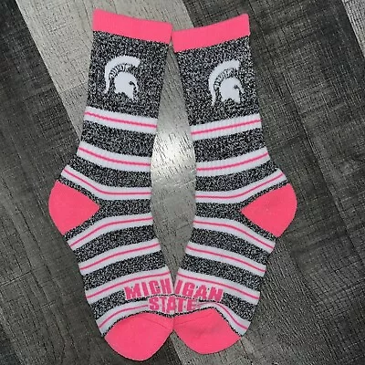 Michigan State Spartans Ncaa College Team Logo Womens Pink Stripe Crew Socks • $9.67