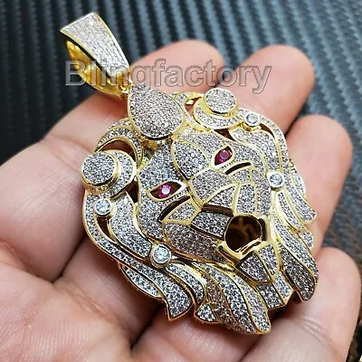 Hip Hop Iced Gold Plated Brass Micro Pave Bling Lion Head Bust Down Pendant • $39.99