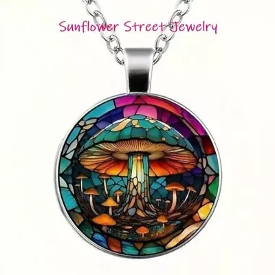 Mushroom Necklace Silver Tone Glass Dome Faux Stained Glass • $14.98