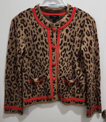 J Crew Womens L/S Button Up Tipped Cardigan Sweater Jacket Leopard Merino Wool S • $35.99