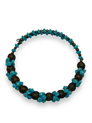 Vintage Turquoise Glass And Flower Bead Memory Collar Choker High End Statement • $69.99