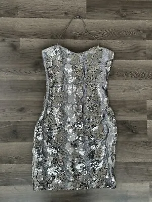 Vintage 80's Dave & Jonny Silver Sequin Stretch Mini Dress Bodycon Size 3/4 READ • £36.63