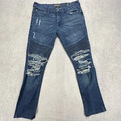 Ring Of Fire Jeans Mens 33 X 32 Dark Blue Denim Slim Stretch Distressed Torn Rip • $17.78