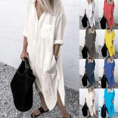 Womens Cotton Linen Maxi Shirt Dress Ladies Loose Baggy Long Sleeve Kaftan Dress • £11.99