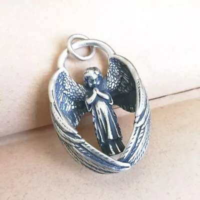 Antiqued Solid 925 Sterling Silver Praying Angel Pendant With Large Open Wings • $39.95