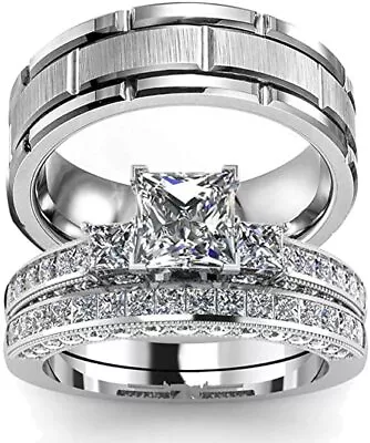 Wedding Ring Set His Hers Couples Matching Rings Women's 10k White Gold Filled • $95.95