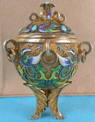 £1265 • Buy Superb Sterling Silver Gilt Filigree Enamel Box Tea Caddy Birds Flowers C 1920