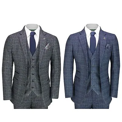 Mens Tweed Check Navy Grey 3 Piece Suit Vintage 1920s Smart Retro Tailored Fit • $126.31