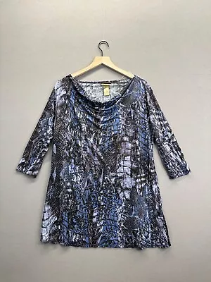 Miss Tina Womens Blue T-Shirt Animal Print Long Sleeve Cowl Neck Size XXL • $12.50