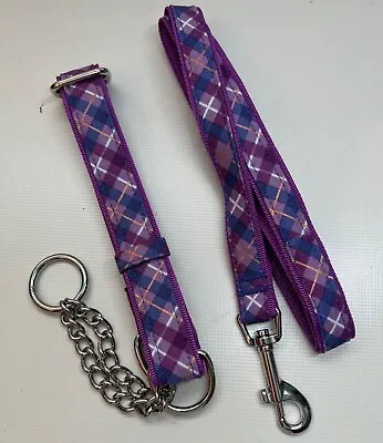 Martingale Half Check Choke Chain Dog Collar In Purple Check Design With Lead • £14