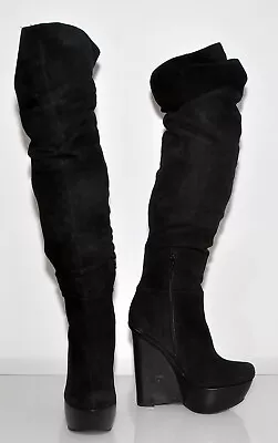 ALDO Black Genuine Suede Women's Platform Wedge Tall/Over The Knee Boots Size 38 • $70