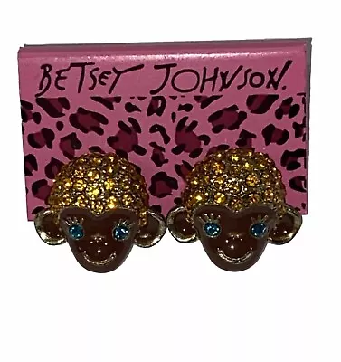 Betsey Johnson Blue Yellow Rhinestone And Enamel Monkey Head Stud Earrings • $16.99