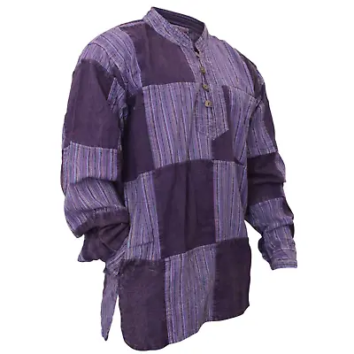Mens Stonewashed Plain Stripe Patch Hippie Boho Grandad Style Casual Shirts • £27.99