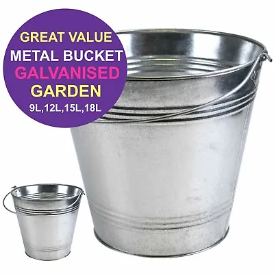 Large Metal Bucket With Wooden Handle Galvanised Strong Steel Traditional Bucket • £10.59