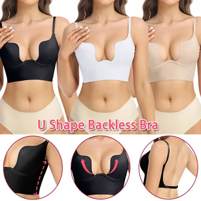 Womens Low Back Bra Wire Lifting U Shaped Plunge Backless Bra With Clear Straps • £8.99