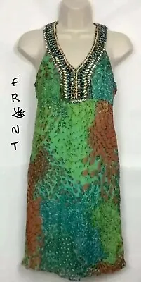 Monique Leshman Lined Green Rhinestone Beaded  Peacock Dress Womens Small  EUC • $23