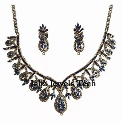 Handmade Natural Diamond & Sapphire Gold & Sterling Silver Necklace Earring Set • $499