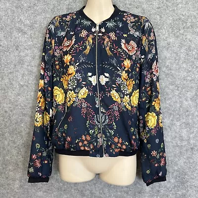 Zara Women's Boho Bird Floral Design Light Zip Crop Bomber Jacket S/8-10 (1810) • $35