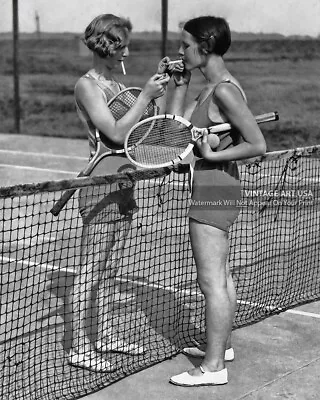 Girls Smoking On Tennis Court Photo - Vintage 1930s Women Lighting Cigarettes • $11.95