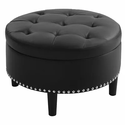 $155.53 • Buy Partner Furniture 30  Round Faux Leather Tufted Storage Ottoman In Black