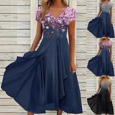 $33.79 • Buy PLUS SIZE Women V Neck Midi Dress Short Sleeve Evening Party Cocktail Sundress