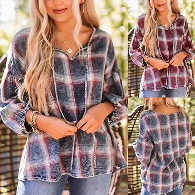 Women Check V Neck Loose Casual Pullover Tops Blouse Plaid Long Sleeve T Shirt • $19.39