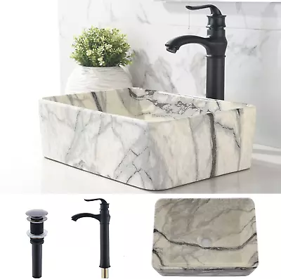 Black Bathroom Vessel Sink And Faucet Combo - 16 X12  Black White Marble Coated  • $183.99