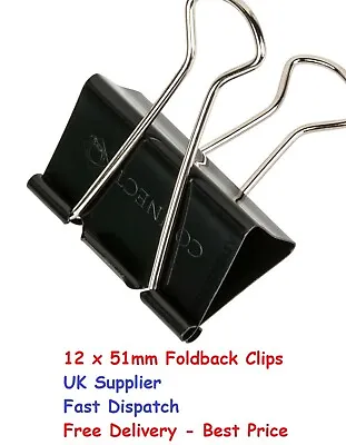 £3.99 • Buy 12 X Foldback Clips 51mm Fold Back Paper Binder Clips Bulldog Clips Metal Clip