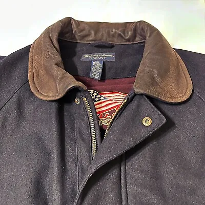 $35.95 • Buy Vtg 90s GANT Wool Park Avenue Jacket Mens Large Leather Detail Heavy Navy Blue