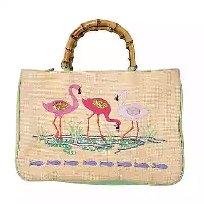 Straw Purse Pink Flamingo Bamboo Wood Handles Sequins Embroidered Vintage Marlo • $28