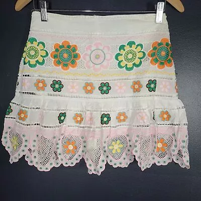 Zara Women's Floral Embroidered Cotton Mini Skirt/Short Ruffle Flower White Sz S • $24.99