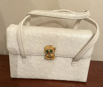 Vtg 1960’s Morle White Gold Ostrich Leather Hand Bag Poodle Dog Clasp 8x5” SB • $39.95