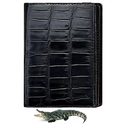 Black Men Vertical Bifold Wallet Large Capacity Crocodile Leather RFID Blocking • £84