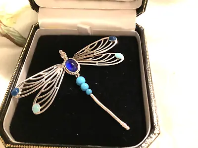 Lalique Fabulous Dragonfly Libellule Silver And Blue Precious Stones Brooch • £295