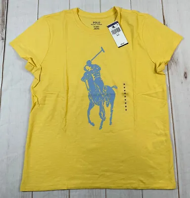 Polo Ralph Lauren Womens Yellow L Graphic Big Pony Blue Tee Short Sleeve Cotton • $31.49