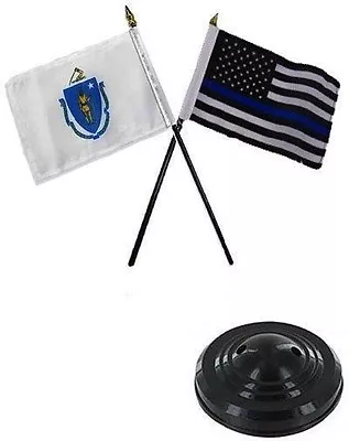 Massachusetts State & USA Police Blue 4 X6  Flag Desk Set Table Stick Black Base • $7.88