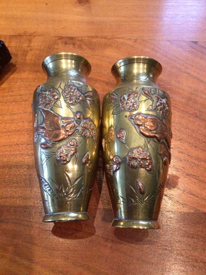 £40 • Buy 2 XAntique Japanese Meiji Mixed Metal Engraved Vase With Prunus Flowers And Bird