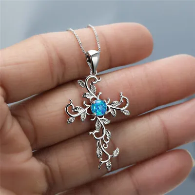 Fashion Silver Lucky Flower Vine Cross Pendant Blue Simulated Opal Necklace • $1.46