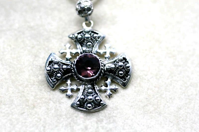 $60 • Buy Vintage Sterling Silver Jerusalem Maltese Cross Gemstone Pendant L3