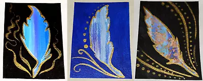 3 ACEO PAINTINGS ACRYLIC CANVAS BLUE & GOLD FEATHER SURREAL ABSTRACT Martinez • $21.99