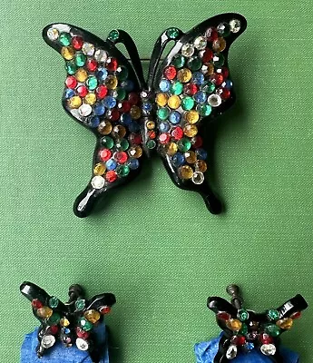 Vintage 1930s Celluloid Rhinestone Black Butterfly Pin Brooch Screw Earrings Lot • $85