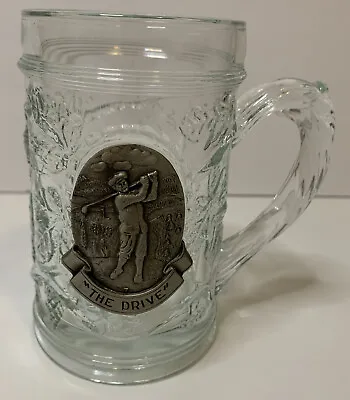 VINTAGE GLASS GOLF BEER MUG WITH PEWTER APPLIQUE  THE DRIVE  Golf Club • $9.59