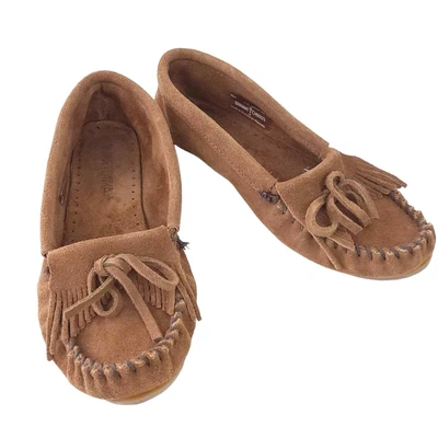 $27 • Buy Minnetonka Kilty Soft Sole Leather Moccasins 7.5 Brown, Fringe, Boho, Slip On