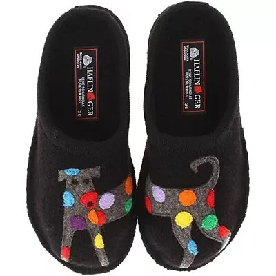 NIB $110~HAFLINGER~’Jack Dog’ Black Wool Polka Dot/Doggie Mule Slippers~7/7.5/38 • £53.84