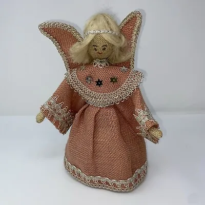 Vintage Angel Burlap Doll Tree Topper Girl Blonde Hair Pink Dress Handmade 11” • $22.50