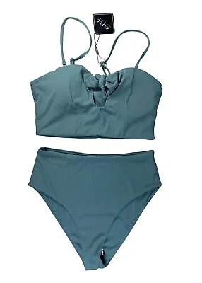 ZAFUL Women's Ribbed Tie Front Knot Bikini High Waisted Bikini Sz 8 New • $18