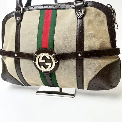 Authentic Gucci Old Sherry Line Interlocking Handbag Canvas 114887 Brown Beige • £285.44