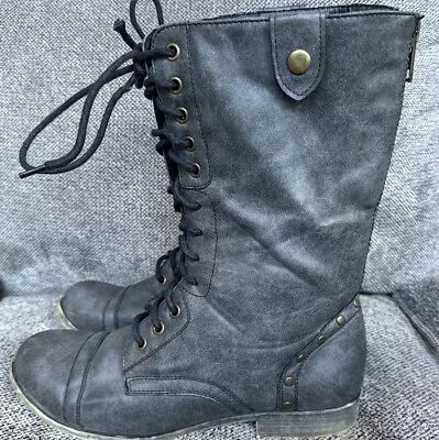 Madden Girl Boots Womens 9 Lace Up Mid Combat Back Zip Black Leather Cap Toe • $15