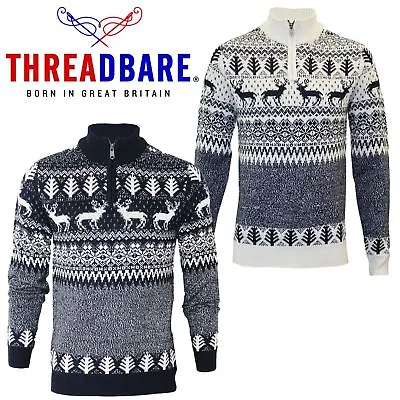 Mens Threadbare 1/4 Zip Reindeer Fairisle Novelty Christmas Jumper Xmas Sweater • £29.95